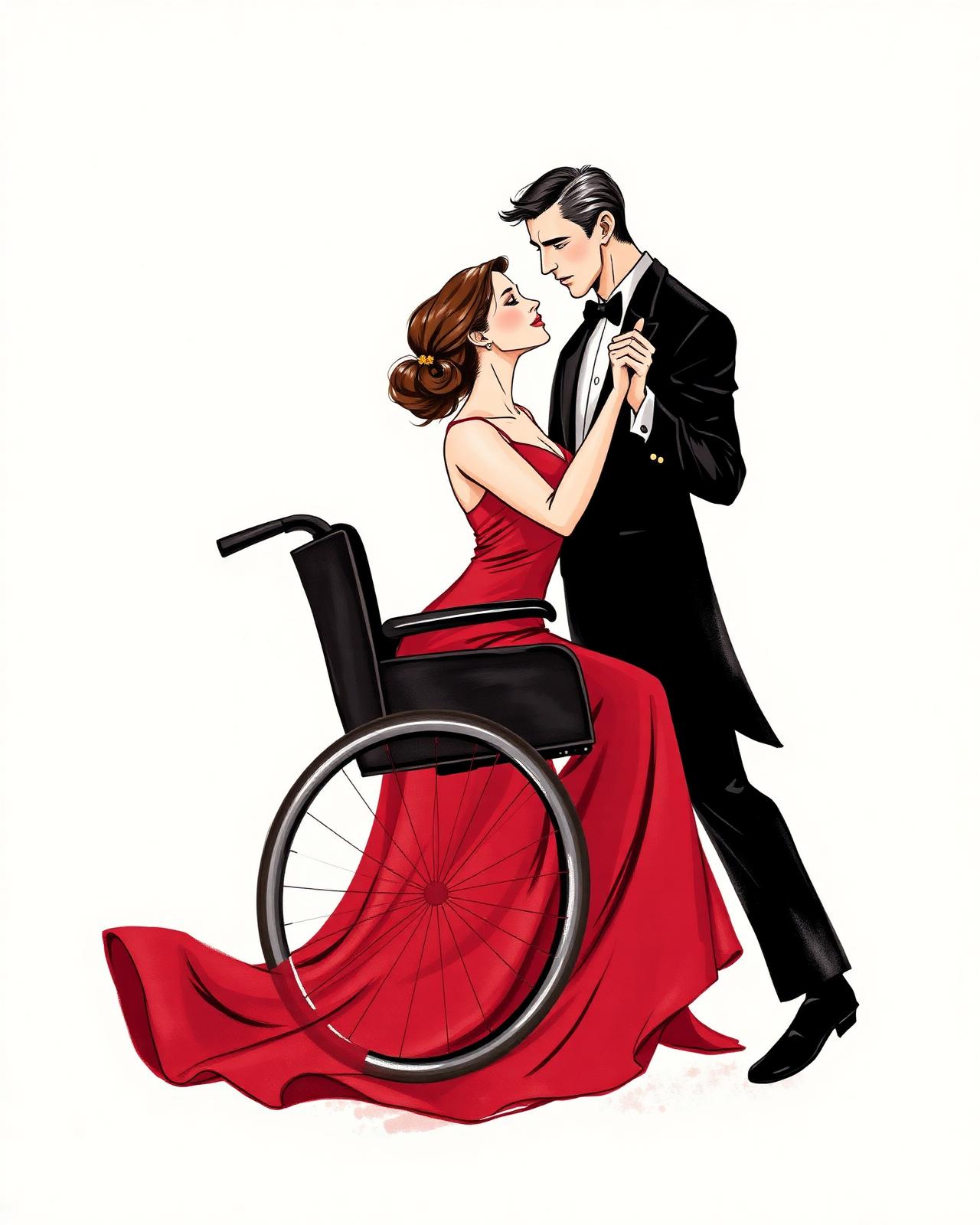 An elegant illustration of two dancers — one in a flowing red gown, seated in a wheelchair — in a tender tango embrace.